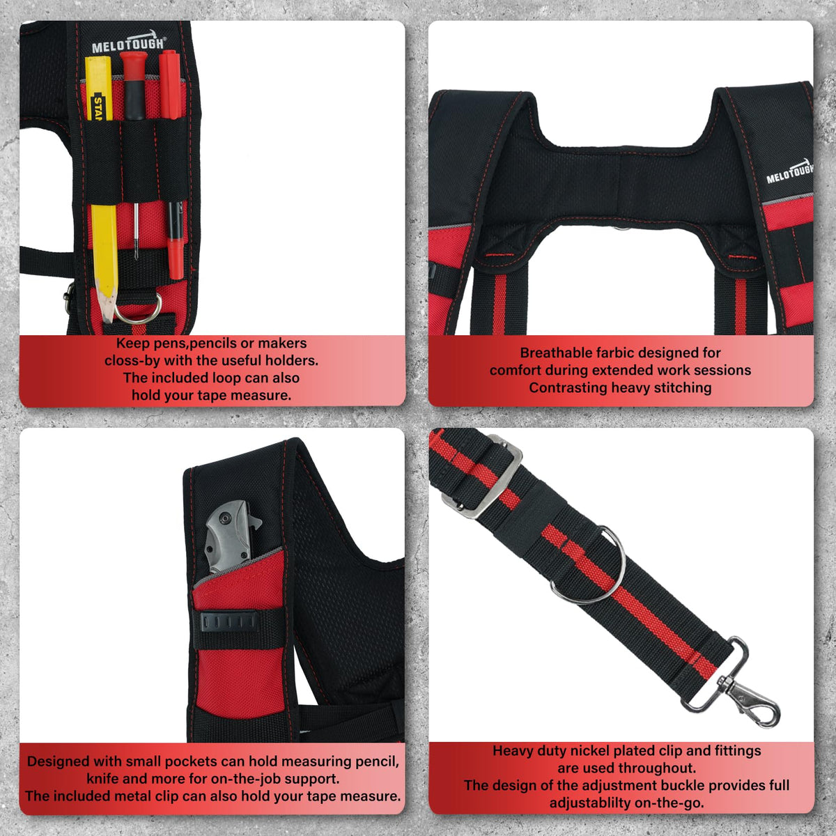 MELOTOUGH Tool Belt Suspenders Tool Bag Suspenders Padded Construction Work Belt Suspenders for Carpenter/Electrician/Roofing/Framers work Suspension Rig(Red)