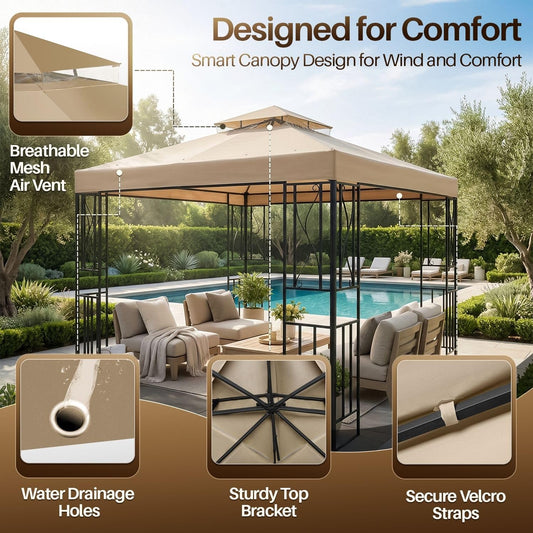 Flexzion Gazebo Cover Replacement Canopy Top 10x10 Ft (3m x 3m) - Double Tier Top Canopy Cover Replacement with UV30+, Dirt, Water Resistant for Outdoor, Sunshade, Garden, Patio, Pavilion (Beige)