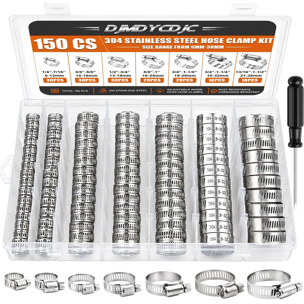 150PCS Stainless Steel Hose Clamps, Worm Gear Heavy Duty Assortment Kit, Adjustable 1/4″-1-1/2″ for Plumbing Automotive Radiator & Fuel Line