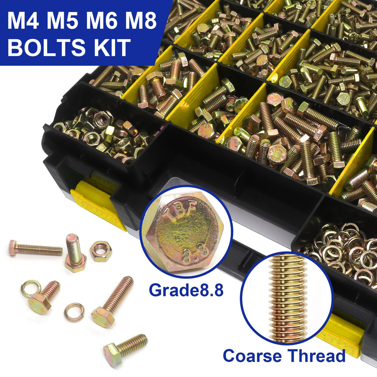 919 Pcs Grade 8.8 Metric Bolt Assortment, M4 M5 M6 M8 Heavy Duty Bolts and Nuts Kit, Yellow Zinc Plated, Length from 12-30mm (Yellow Box)