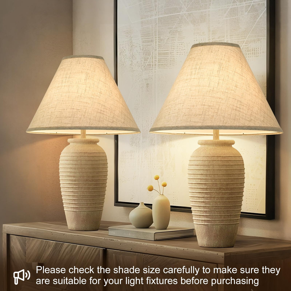 Empire Lamp Shades Set of 2, 6" Top x 16" Bottom x 10.8" High, Large Beige Lamp Shades for Table Lamps Floor Lamps, Natural Linen Lampshades Replacement, Spider, Harp Holders Included, Easy Assembly