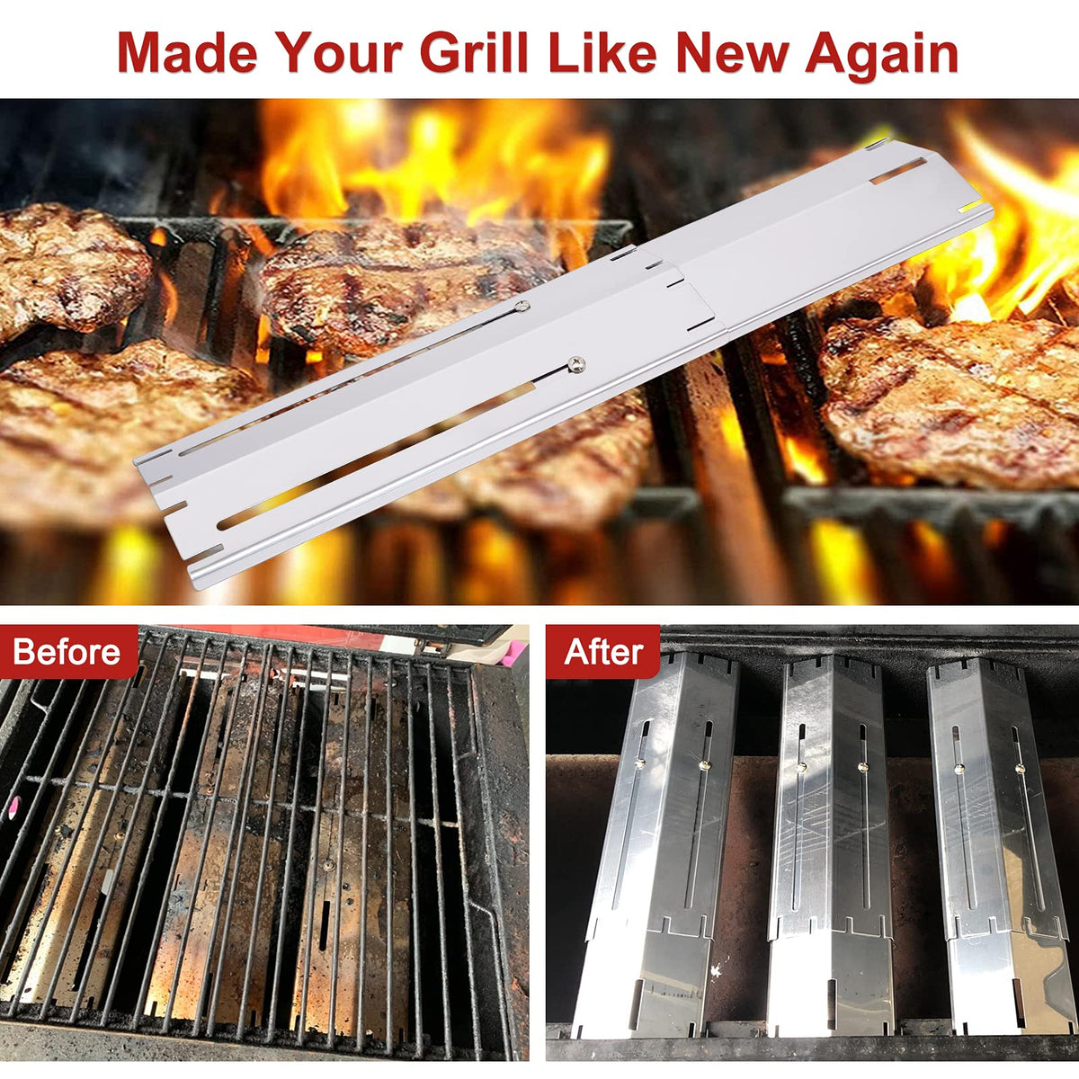 Universal Grill Heat Plates Heat Tents Heat Shields for Gas Grill, Adjustable Barbecue BBQ Grill Flame Tamers Burner Covers Heat Deflectors, Stainless Steel Gas Grill Replacement Parts