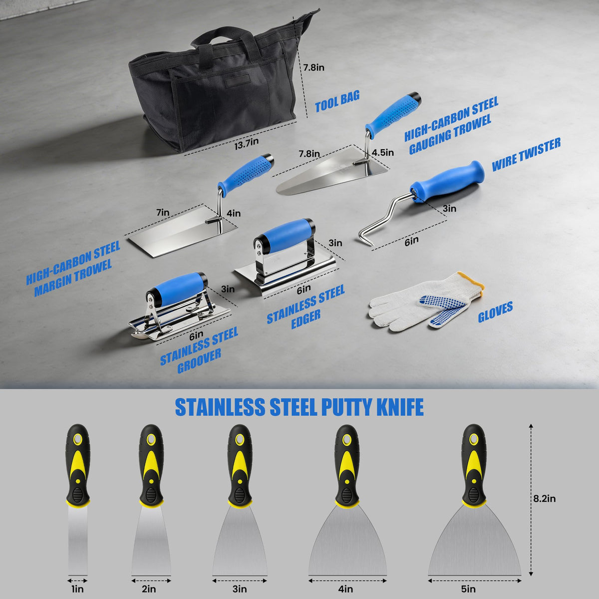15PCS Concrete Trowel Set - Masonry Hand Tool Set Kit Including Flat Finishing and Pool Trowel, Wood Float, Concrete Groover & Edger, Margin Gauging, Wire Twister, Putty Knives, Gloves & Carry Bag
