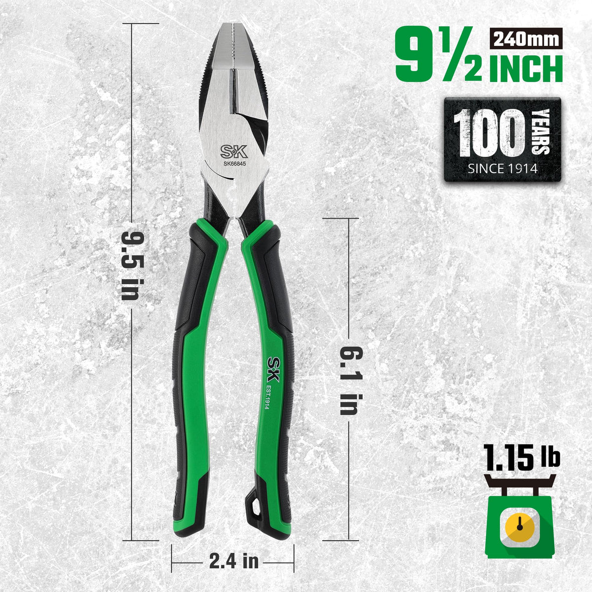 SK 9.5-Inch Linesman Pliers, Laser Hardened Cutting Edges, Cross Teeth