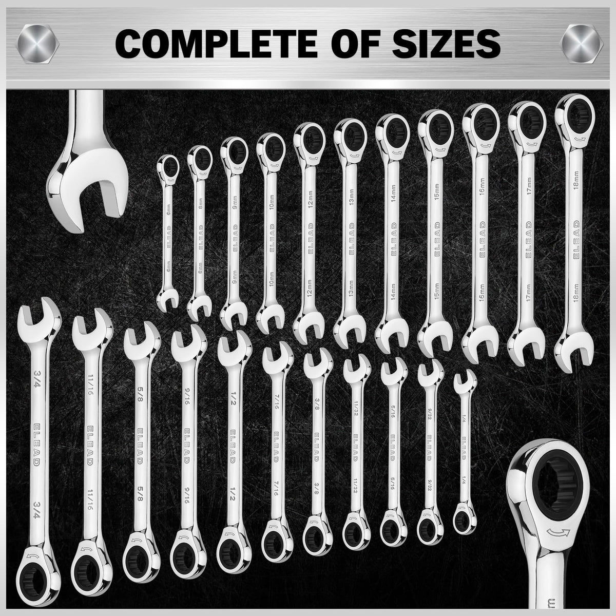 ELEAD 33-Piece Combination Ratchet Wrench Set, SAE & Metric Sizes (1/4" to 3/4" & 6-18mm), 72-Tooth Gear Design, CR-V Steel, Organizer Carry Case, Ideal for Mechanics & DIY