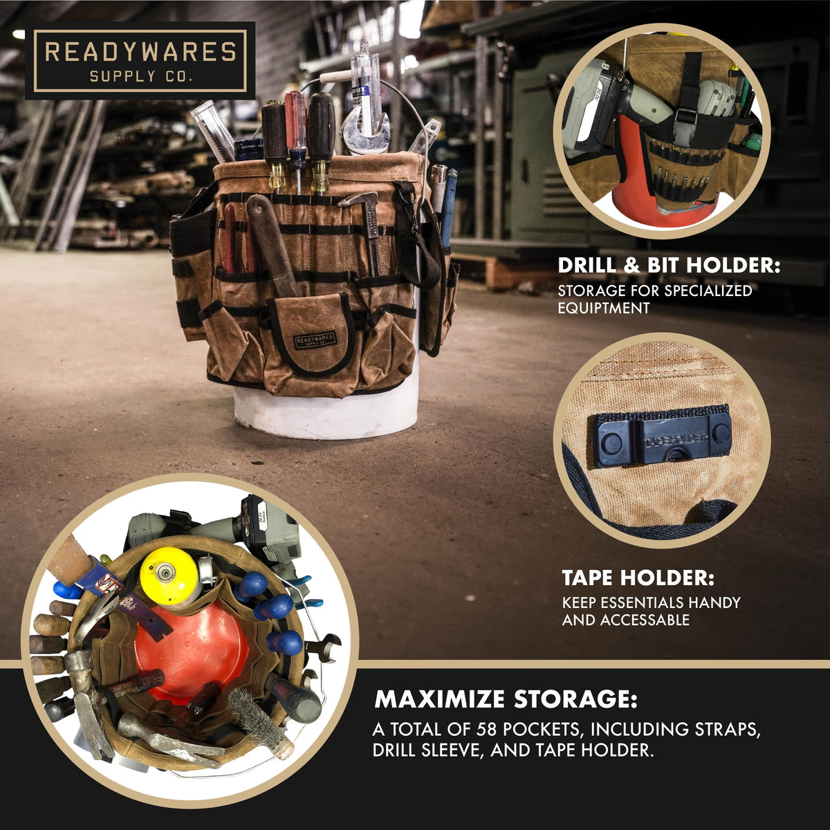 Readywares Tool Bucket Organizer, Waxed Canvas 5 Gallon Bucket Organizer