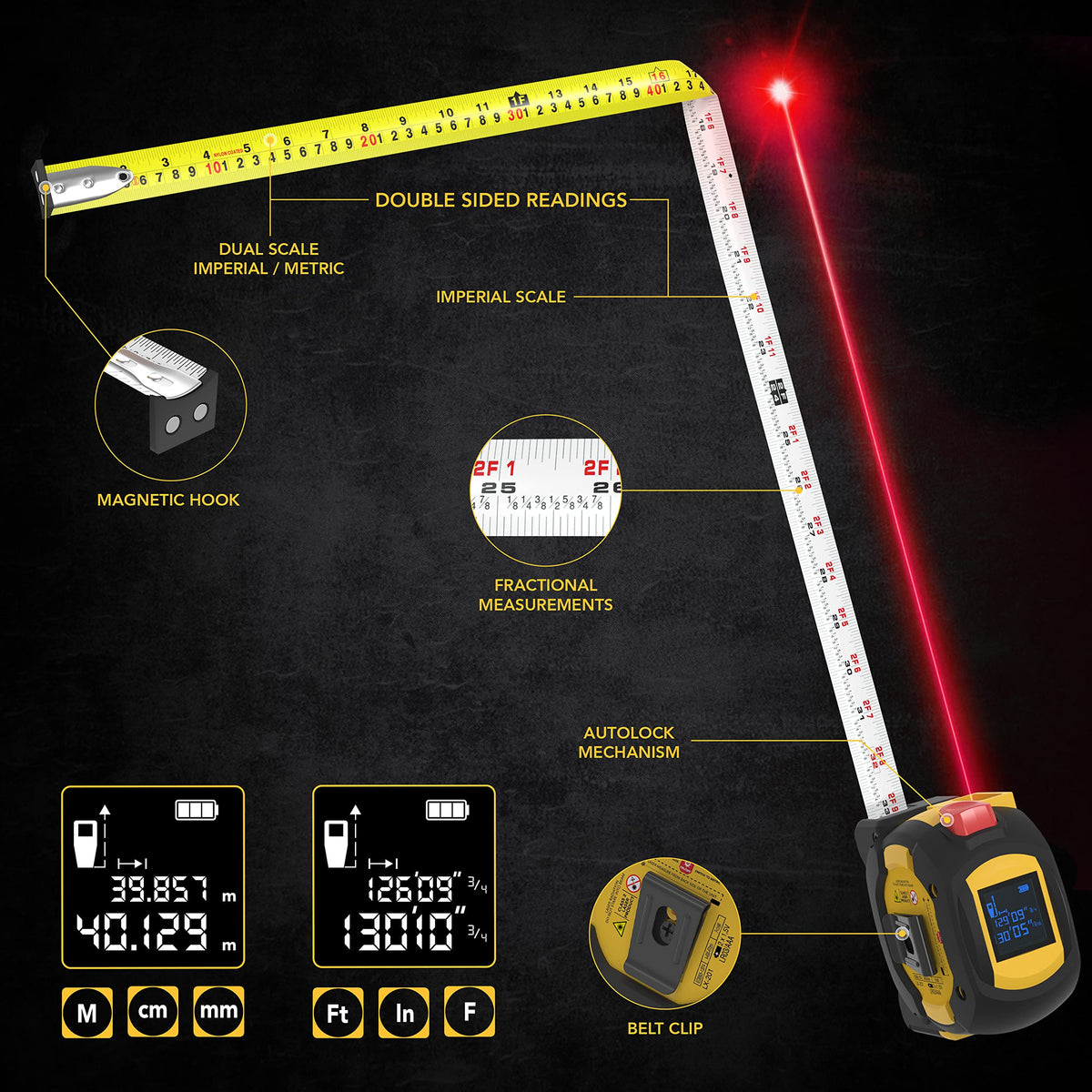 LEXIVON 2 in 1 Digital Laser Tape Measure, 130ft/40m Laser Distance Meter Display On Backlit LCD Screen with 16ft/5m AutoLock Measuring Tape, Ft/Inch/Fractions/M/mm(LX-201)