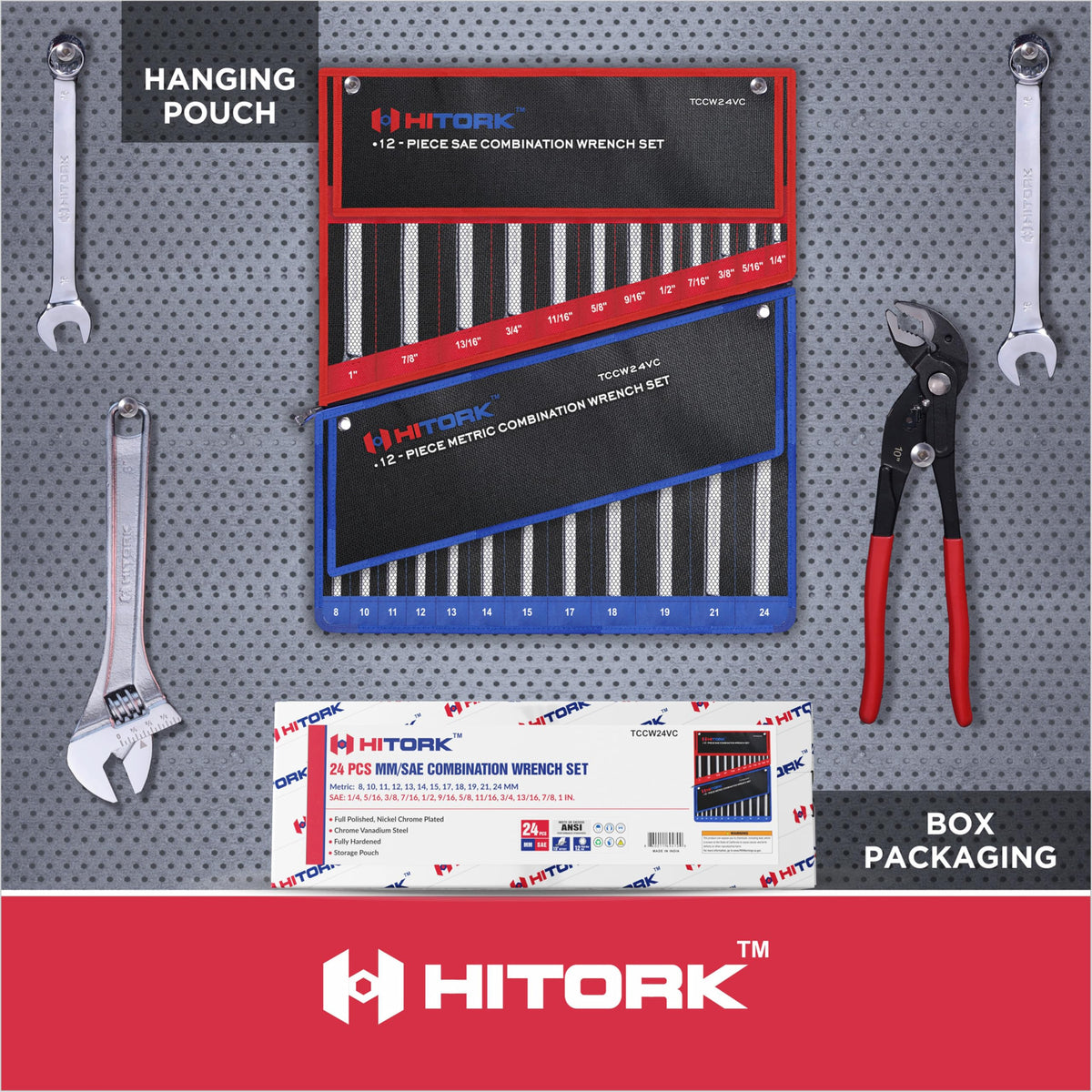 Hitork 24-Piece Combination Wrench Set, SAE (1/4"–1") & Metric (8–24mm), Cr-V Steel, Mirror Chrome Finish, 12-Point Box End, 15° Offset, with Roll Pouch – Ideal for Home, Garage & Auto Repair
