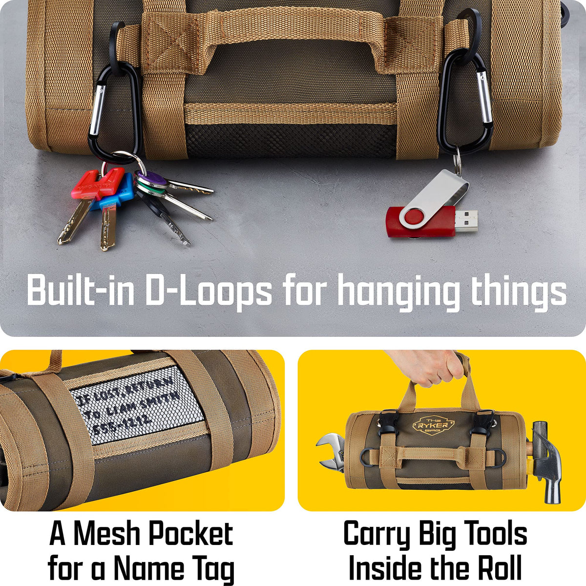 Ryker Heavy Duty Roll Up Tool Bag Organizer w/Detachable Pouches, Gift Men