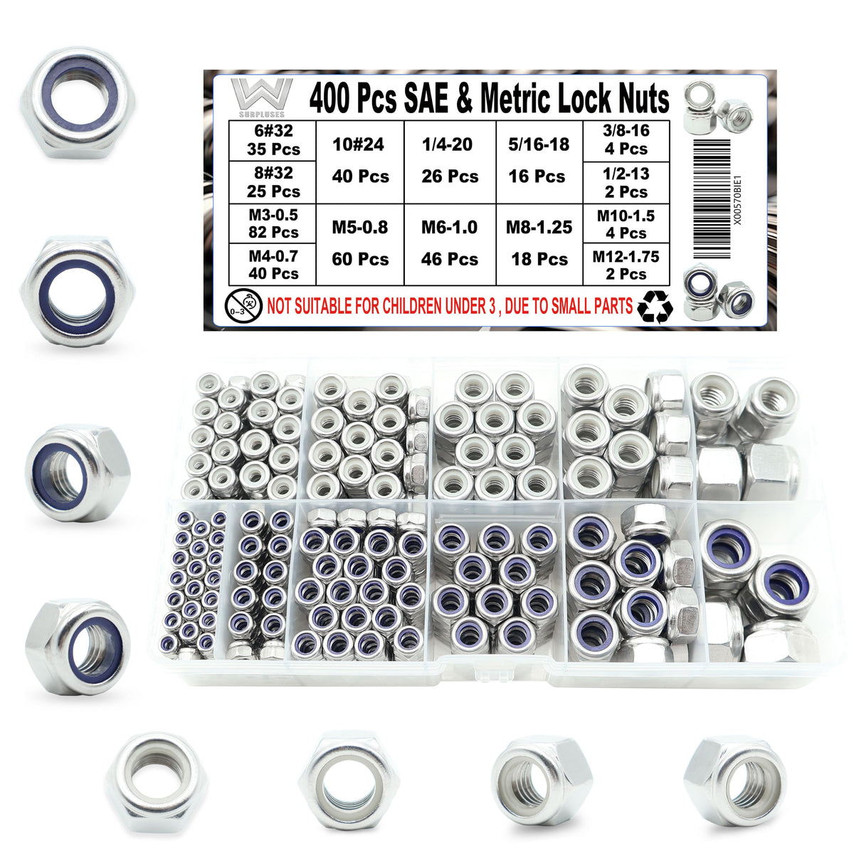 400 Pcs SAE & Metric Lock Nuts Kit, M3-M12 & #6-1/2 Hardware Nuts