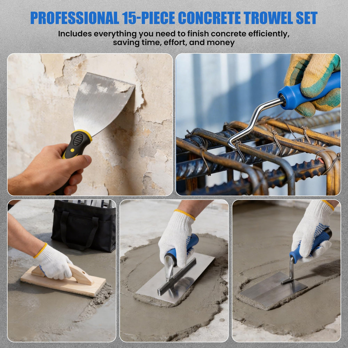 15PCS Concrete Trowel Set - Masonry Hand Tool Set Kit Including Flat Finishing and Pool Trowel, Wood Float, Concrete Groover & Edger, Margin Gauging, Wire Twister, Putty Knives, Gloves & Carry Bag