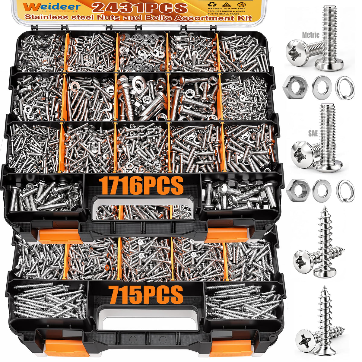 weideer 2431PCS Stainless Steel Nuts and Bolts Assortment,Metric&SAE Screws