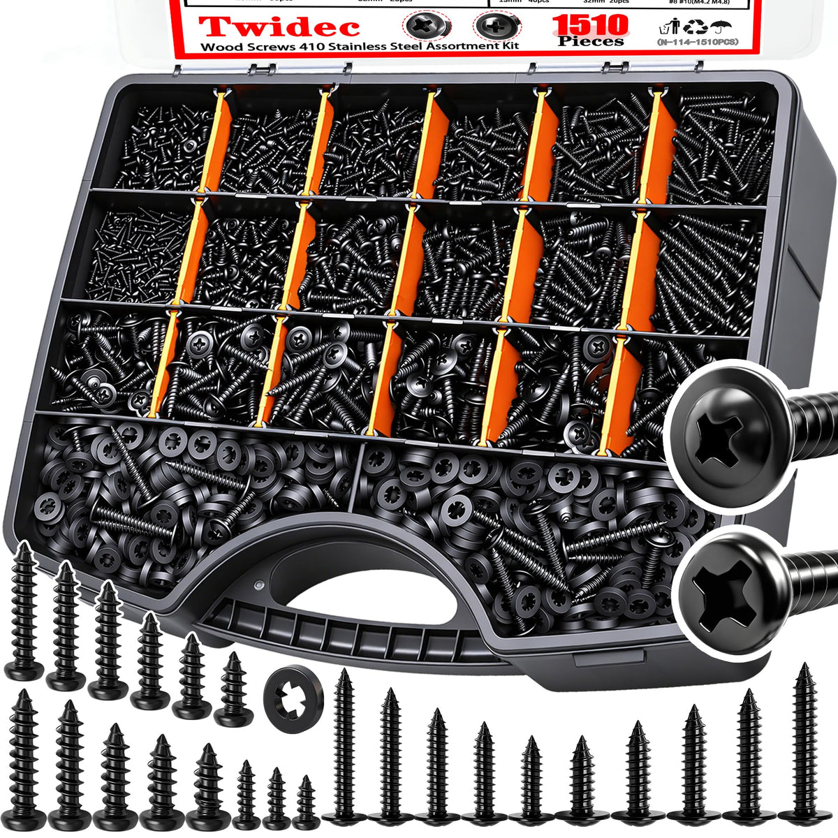 Twidec/1510PCS Black Wood Screws M2 M3 M4#8#10 Truss Head＆Pan Head Screws