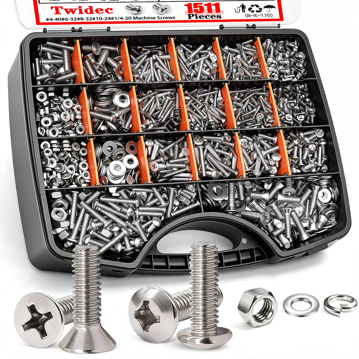 Twidec/1511PCS Nuts and Bolts Assortment Kit,Machine Screws,304 Stainless Steel Phillips Pan Head and Flat Head Screws #4-40#6-32#8-32#10-24#1/4-20 with Nuts, Bolts,Washers in the Storage Case