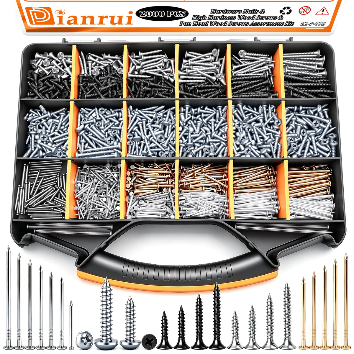 Dianrui 2000 PCS High Hardness Nails & Wood Screws & Sheet Metal Screws Assortment Kit,Phillips Drive Flat & Pan Head Wood Screws Set for Picture Hanging/Wood/DIY with Storage Box