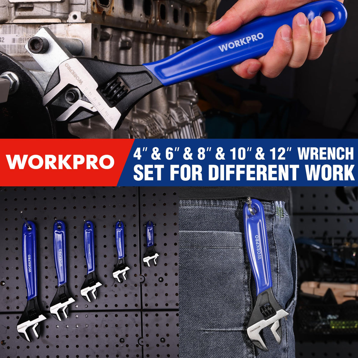 WORKPRO 5 PCS Adjustable Wrench Set, 4", 6", 8", 10" 12" Wide Jaw Wrenches