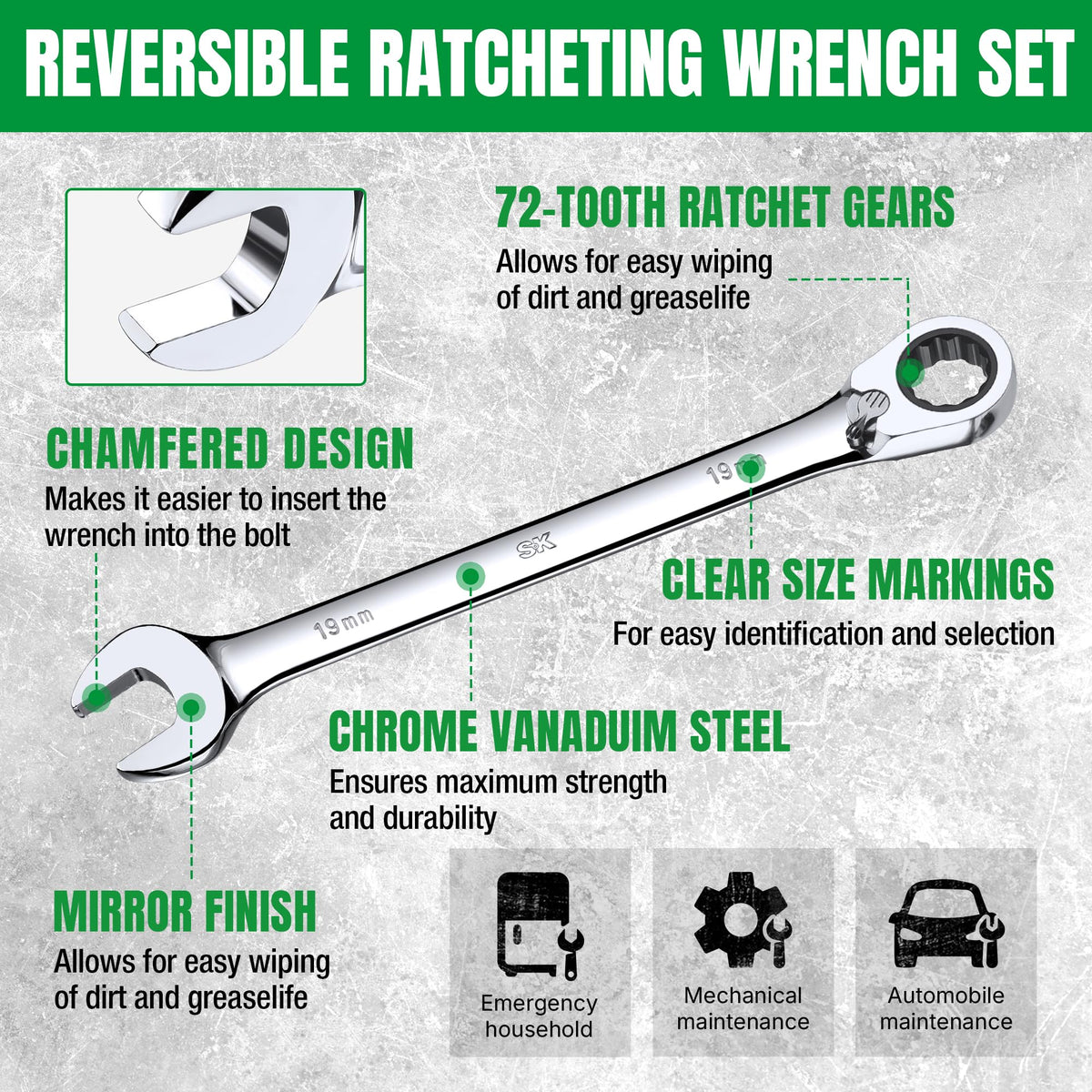 SK Reversible Ratcheting Wrench Set, Combination Wrenches, Metric 16-Piece