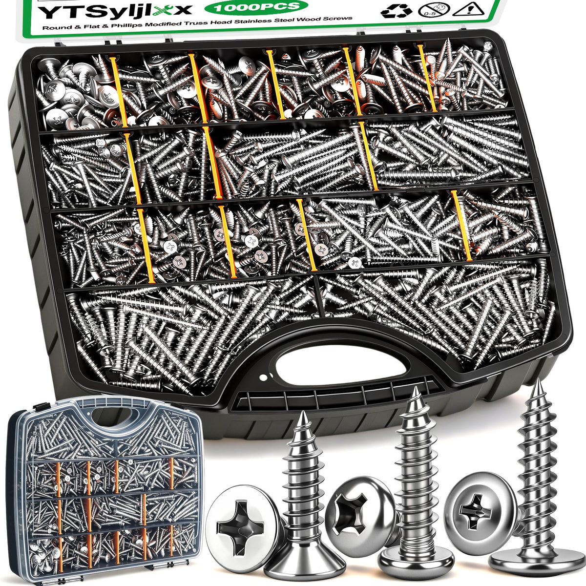 YTSyljlxx 1000PCS Wood Screws Assortment Kit,#8/M3/M4/M5/M6 Assorted 304 Stainless Steel Marine Grade Screws,Pan & Flat & Phillips Truss Head Assorted Screws(1/2" to 2" Length)