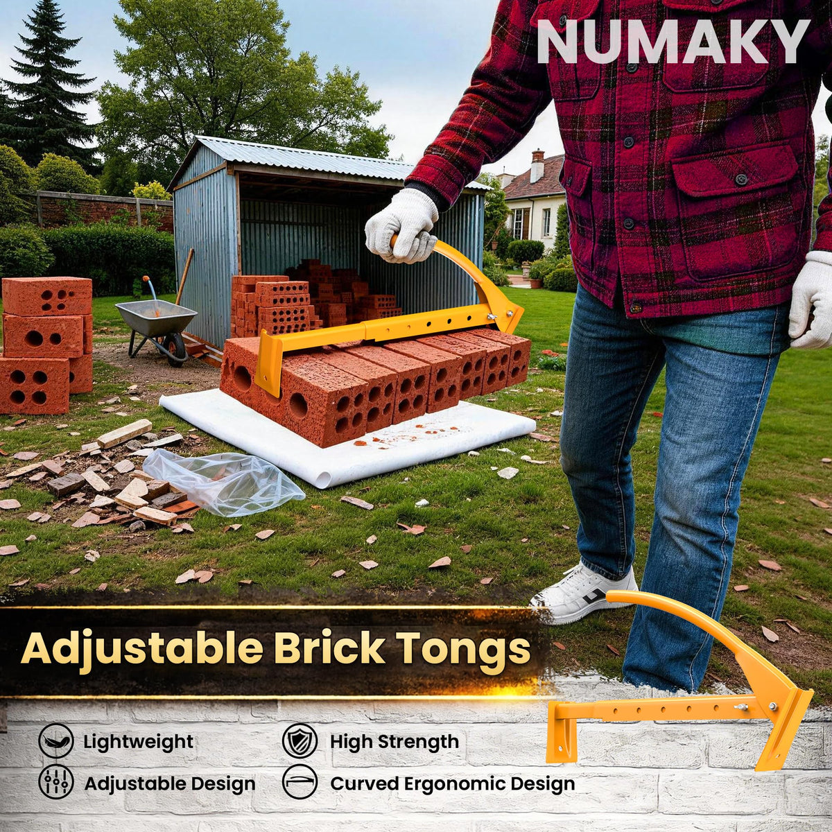 NUMAKY Heavy Duty Steel Brick Tongs, Adjustable Brick Carrier for 6-10 Bricks, Labor-Saving Brick Lifting Tool for Masonry Construction and Building Projects