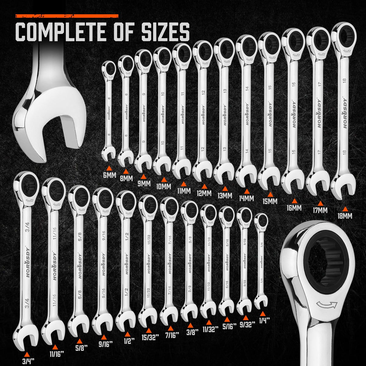 HORUSDY 24-Piece Ratcheting Wrench Set, Metric and SAE, Ratchet Combination Wrenches Set with Organizer, 72-Tooth, Chrome Vanadium Steel, 6-18 mm & 1/4” to 3/4“ (24-Piece)