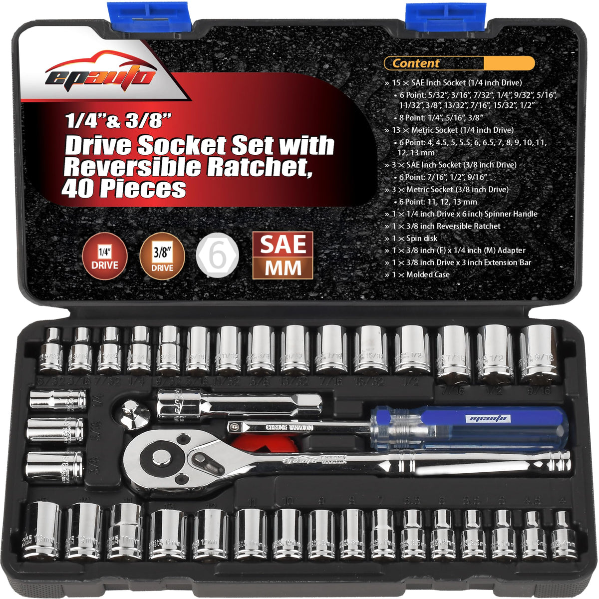 EPAuto 40 Pieces 1/4-Inch & 3/8-Inch Drive Socket Set, 72 Tooth Ratchet