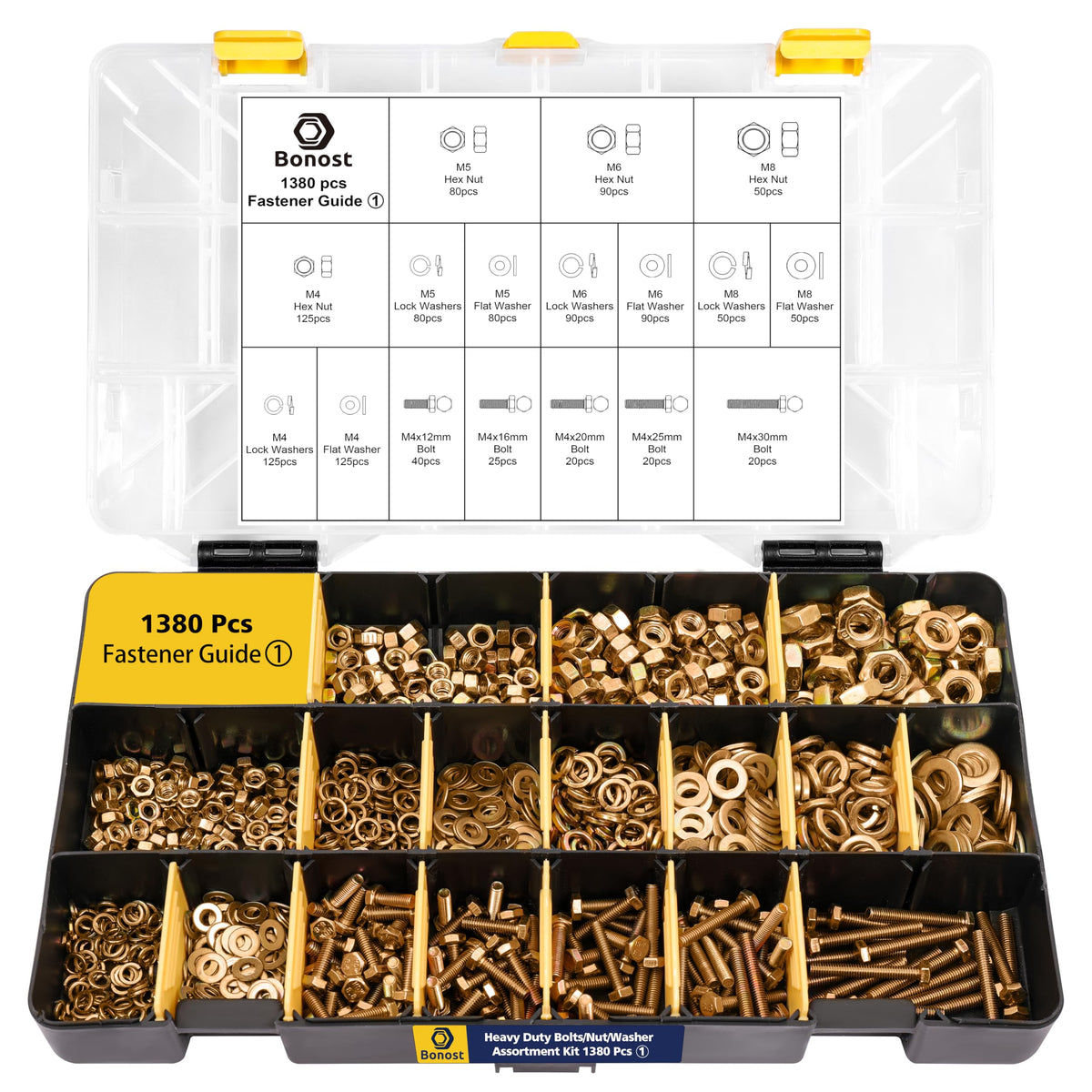 Bonost 1380pcs Nuts and Bolts Assortment Kit, Zinc Plated, Grade 8.8 M4-M8