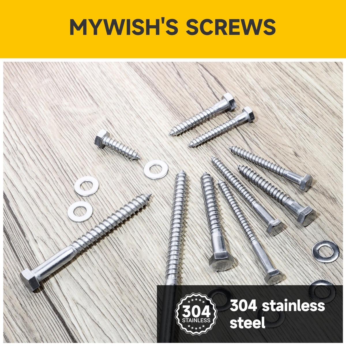 Mywish 5/16 Hex Head Lag Screws Assortment Kit, 74Pcs Heavy Duty Lag Bolts with Washers, 304 Stainless Steel Bolts 18-8 7-Size Wood Screws for Outdoor, Bright Finish 5/16 Bolt