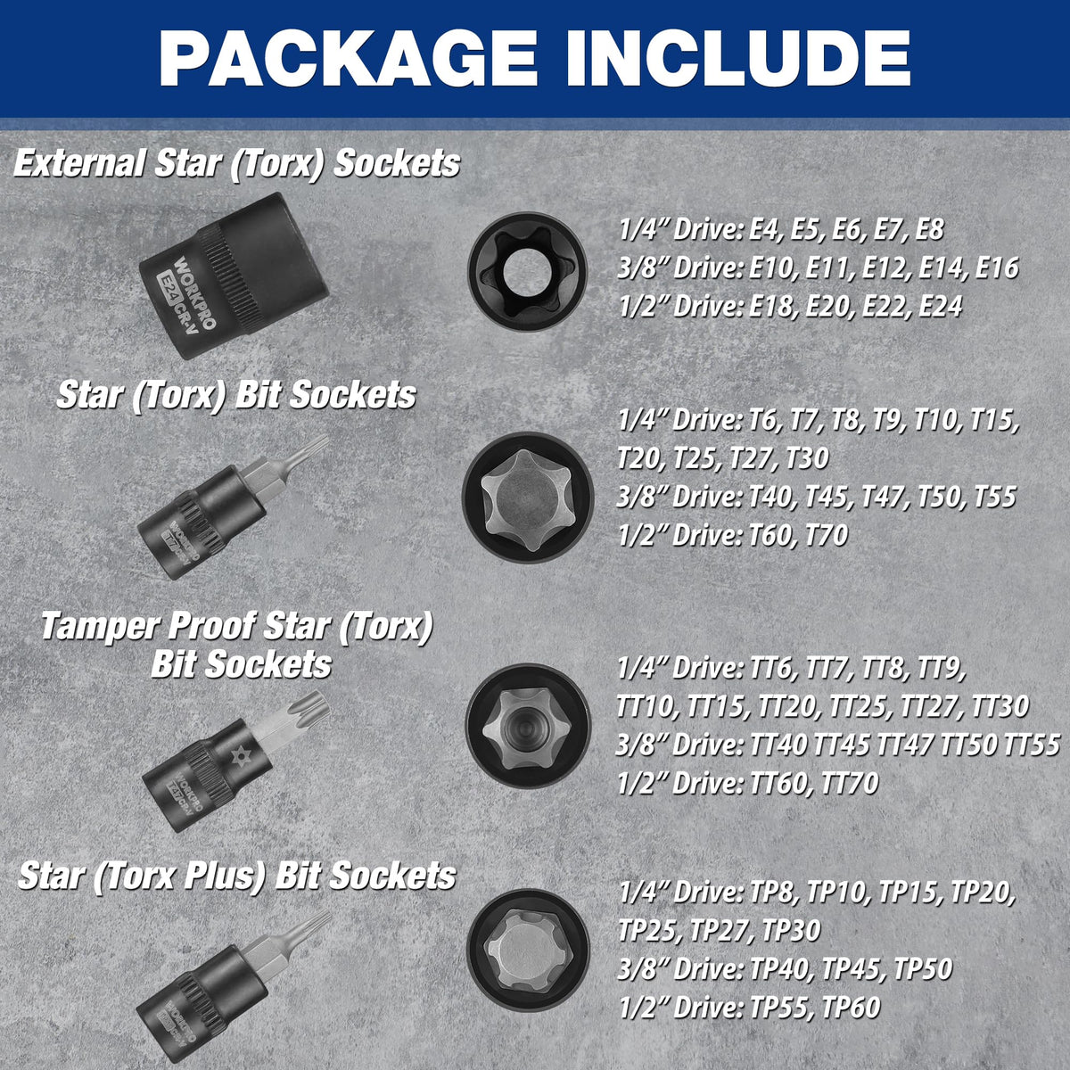WORKPRO 60-piece Master Torx Bit Set,CR-V Torx Sockets & E Socket Set