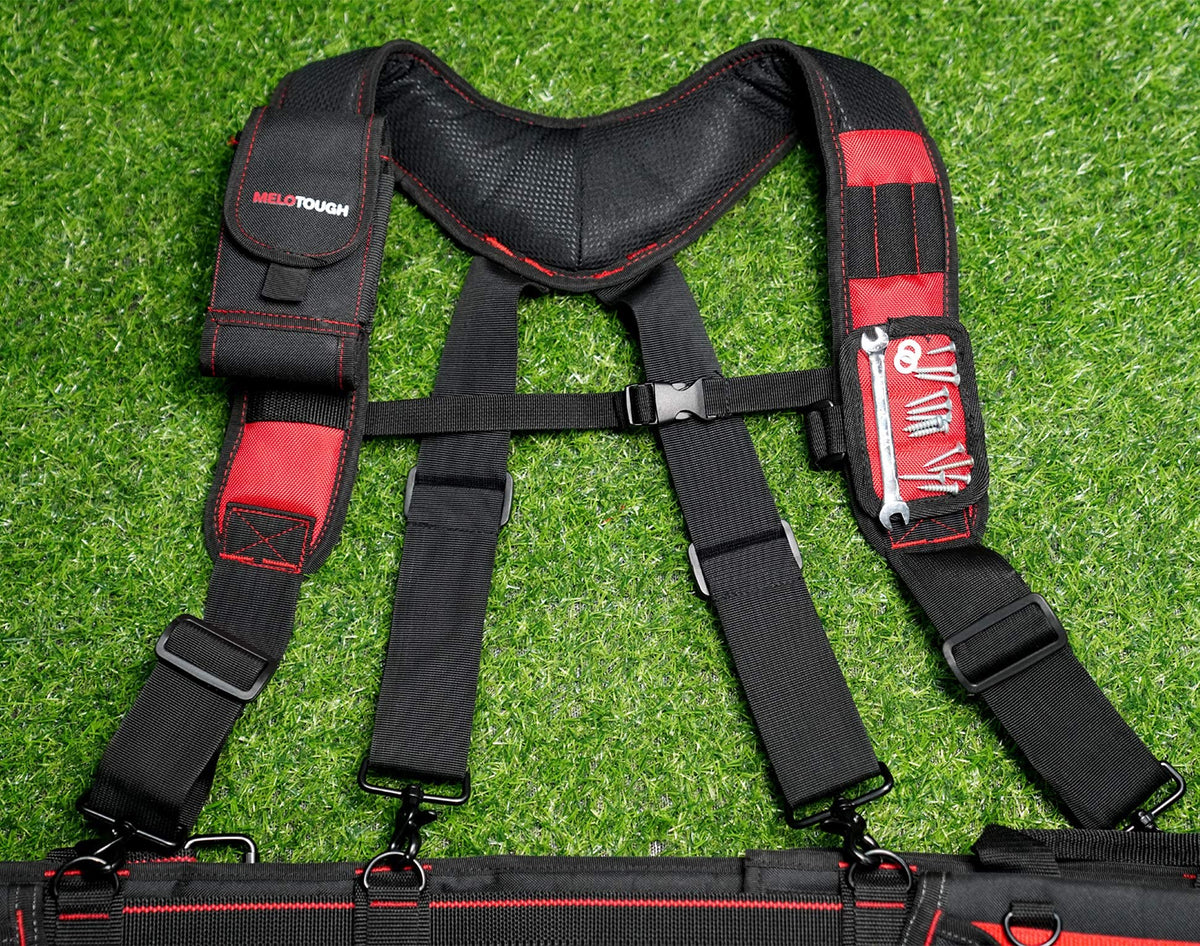 MELOTOUGH Magnetic Tool Belt Suspenders，Heavy-Duty Adjustable Padded Carpenter Work Belt Suspenders for Men with Magnetic WristBand Large Phone holder for Electrician