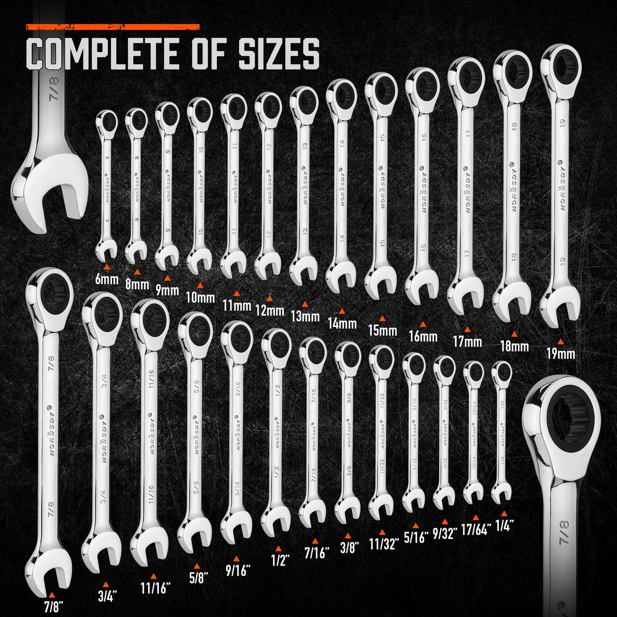 HORUSDY 26-Piece Ratcheting Wrench Set, Metric and SAE (6-19 mm & 1/4” to 3/4“), Ratchet Combination Wrenches Set with Organizer, 72-Tooth, Chrome Vanadium Steel