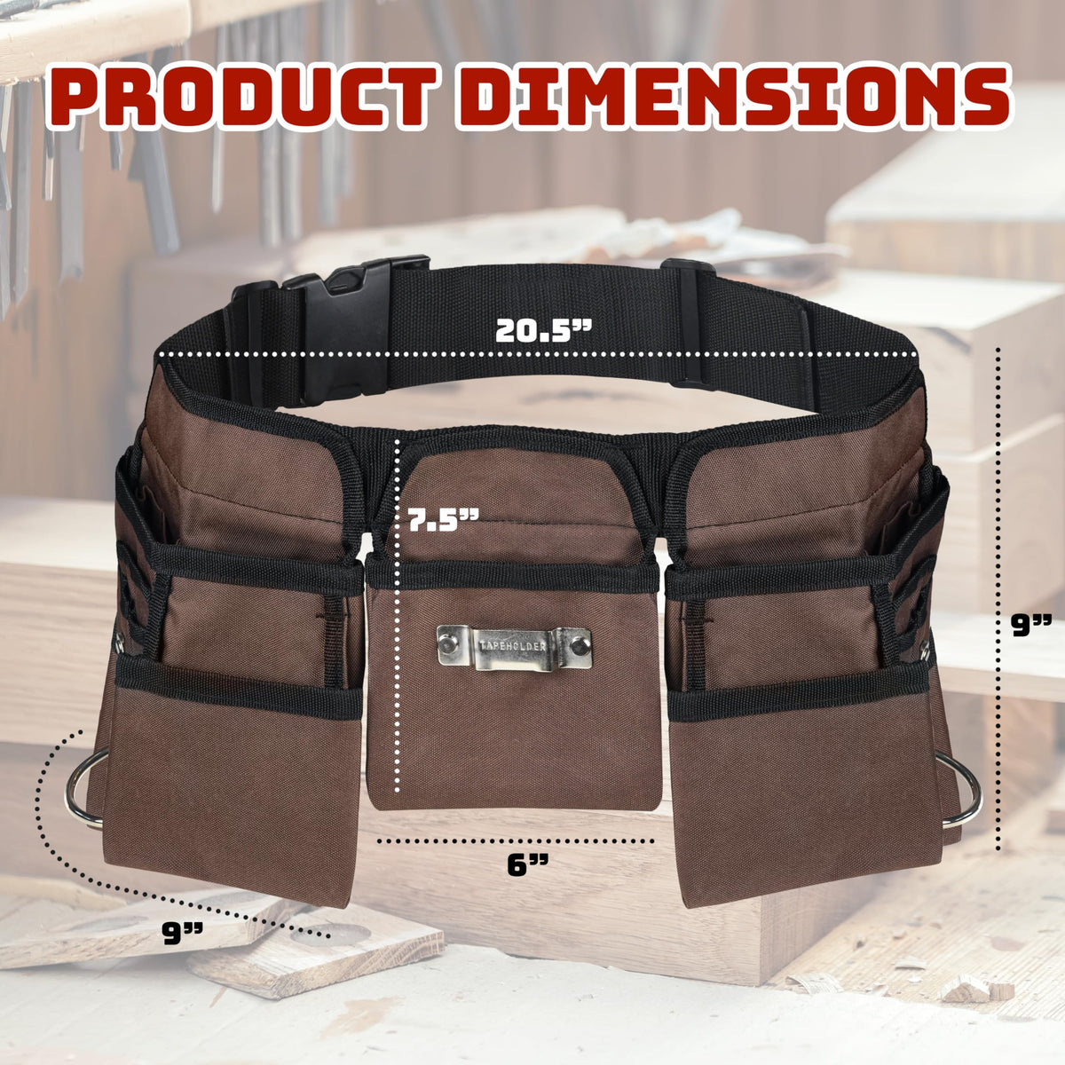 11 Pocket Brown and Black Heavy Duty Construction Tool Belt, Work Apron, Tool Pouch, with Poly Web Belt Quick Release Buckle - Adjusts from 33” Inches All the Way to 50” Inches