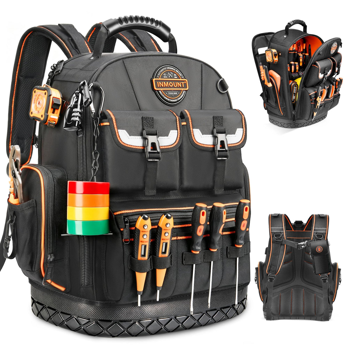 LOKASS Heavy Duty Tool Backpack, 18.5 in, 56 Pockets, Molded Bottom, Black