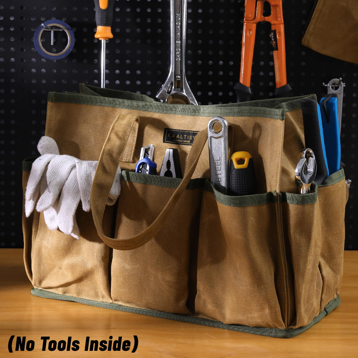 16OZ Waxed Canvas Tool Tote Bag, Large-Capacity Tool Storage Tote with 10 External Pockets, Multi-Purpose Garden Tool Carrier for Gardening, Wrench, and Carpentry Tools – Khaki