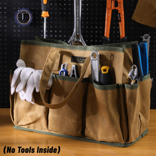 16OZ Waxed Canvas Tool Tote Bag, Large-Capacity Tool Storage Tote with 10 External Pockets, Multi-Purpose Garden Tool Carrier for Gardening, Wrench, and Carpentry Tools – Khaki