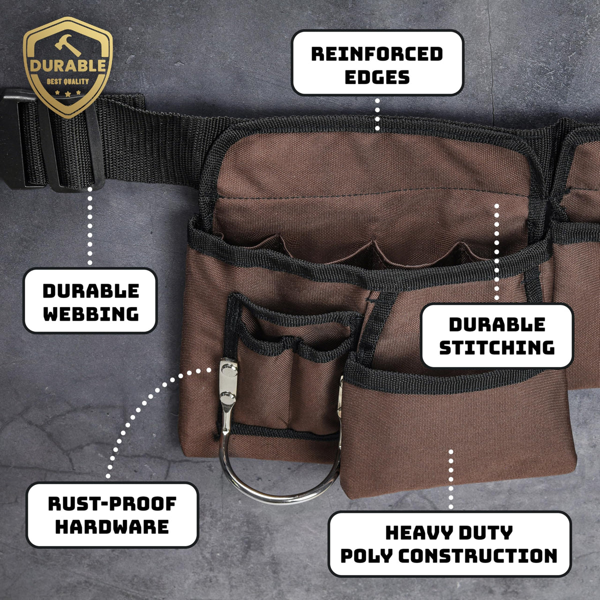 11 Pocket Brown and Black Heavy Duty Construction Tool Belt, Work Apron, Tool Pouch, with Poly Web Belt Quick Release Buckle - Adjusts from 33” Inches All the Way to 50” Inches