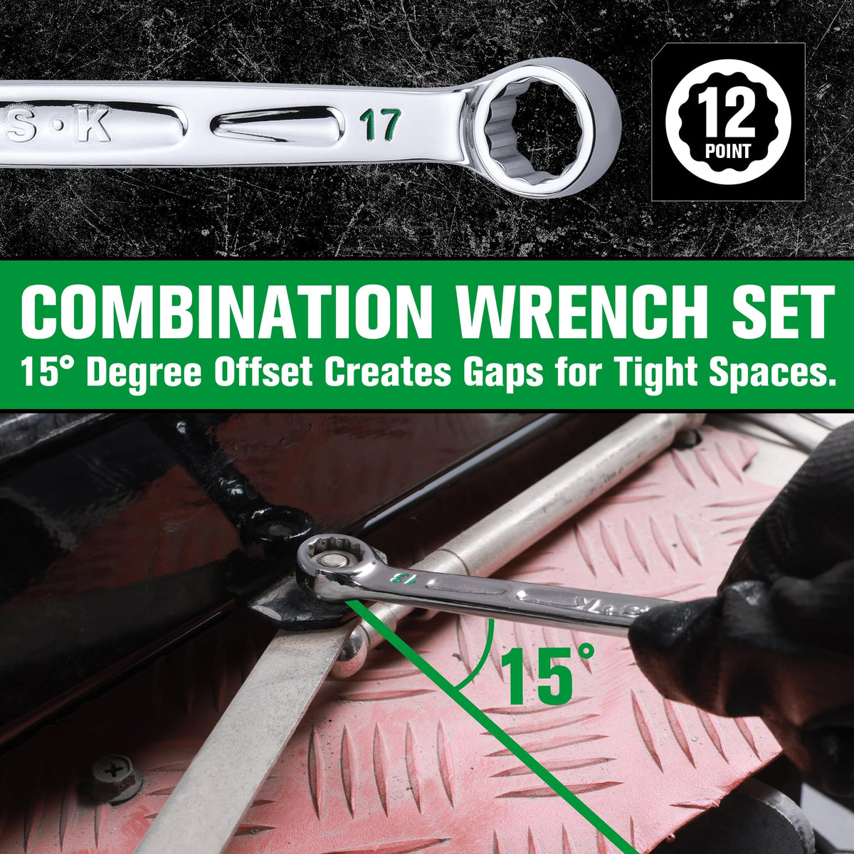 SK Combination Wrench Set, SAE 5/16''-3/4'', Metric 8-19mm, 23-Piece