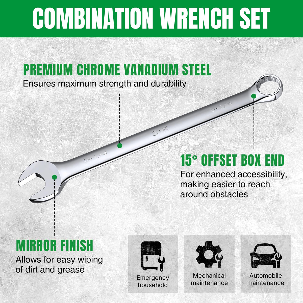 SK Combination Wrench Set, SAE 1/4" to 1-1/4", 18-Piece, Premium CR-V Steel