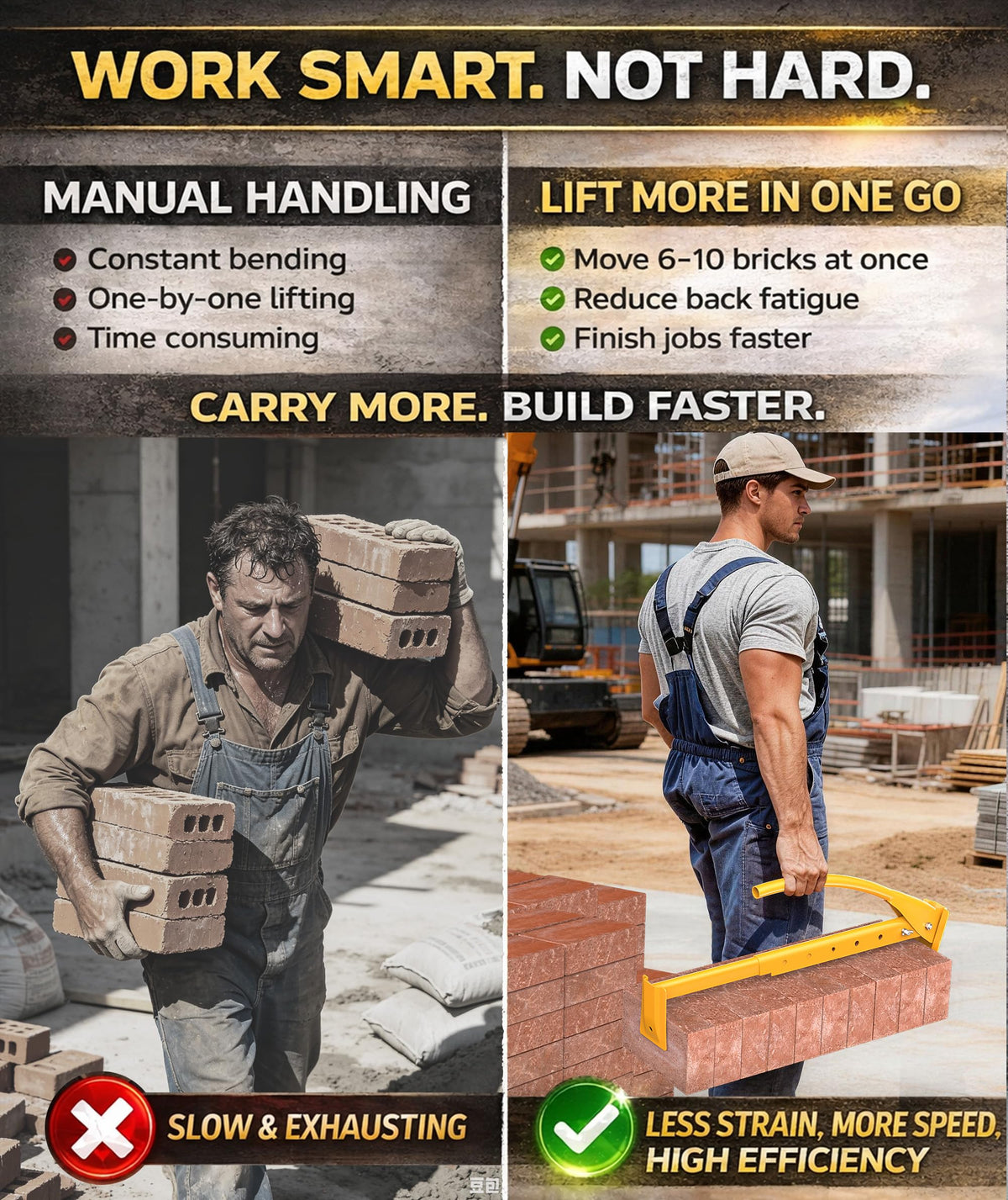 NUMAKY Heavy Duty Steel Brick Tongs, Adjustable Brick Carrier for 6-10 Bricks, Labor-Saving Brick Lifting Tool for Masonry Construction and Building Projects