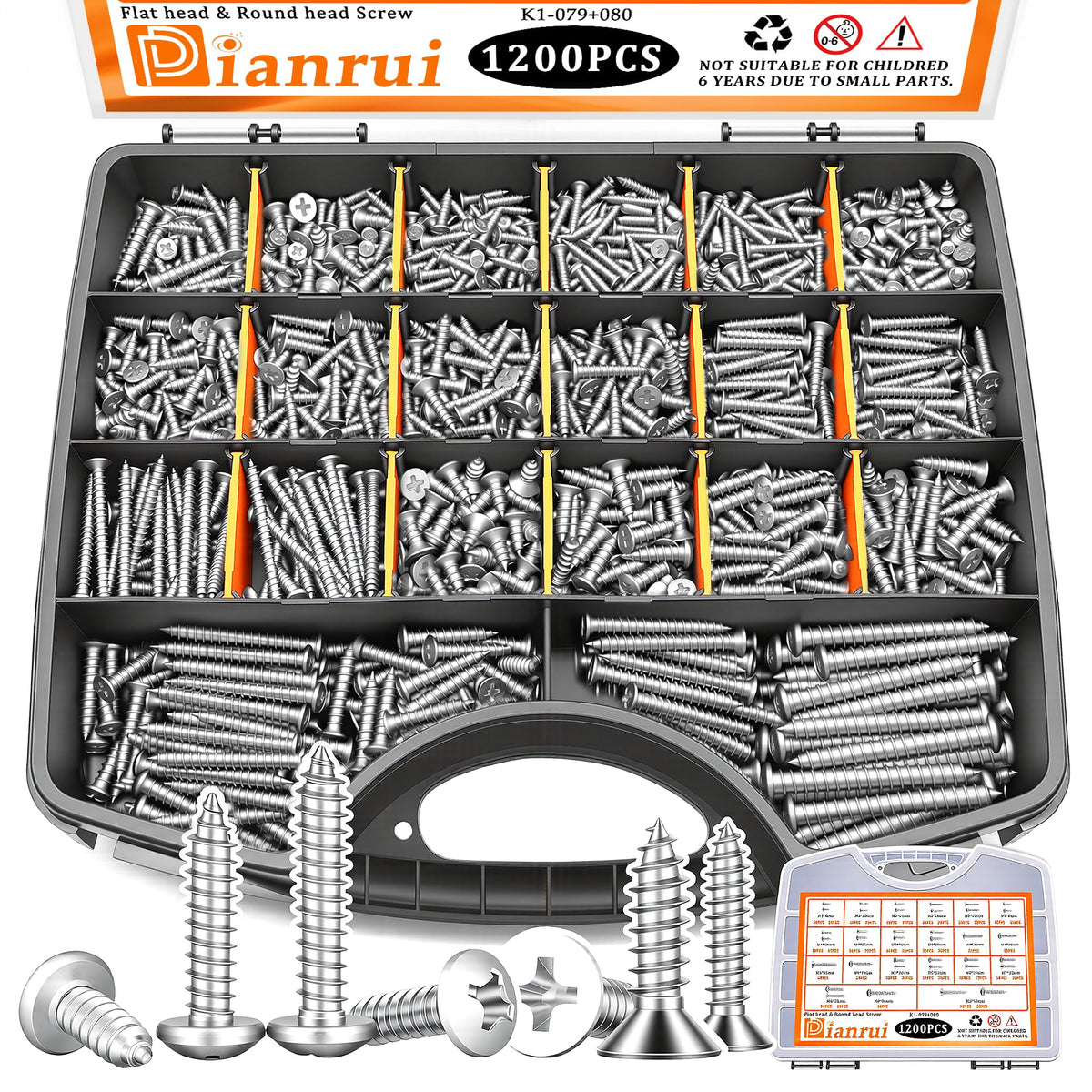 Dianrui 1200 PCS Wood Screws Assortment Kit, Assorted 304 Stainless Steel Screws M3/M4/M5/M6, ‌Phillips Drive Sheet Metal Self Tapping Screw Set Marine Grade (Pan & Flat Head Screw) Length 1/4" to 2"