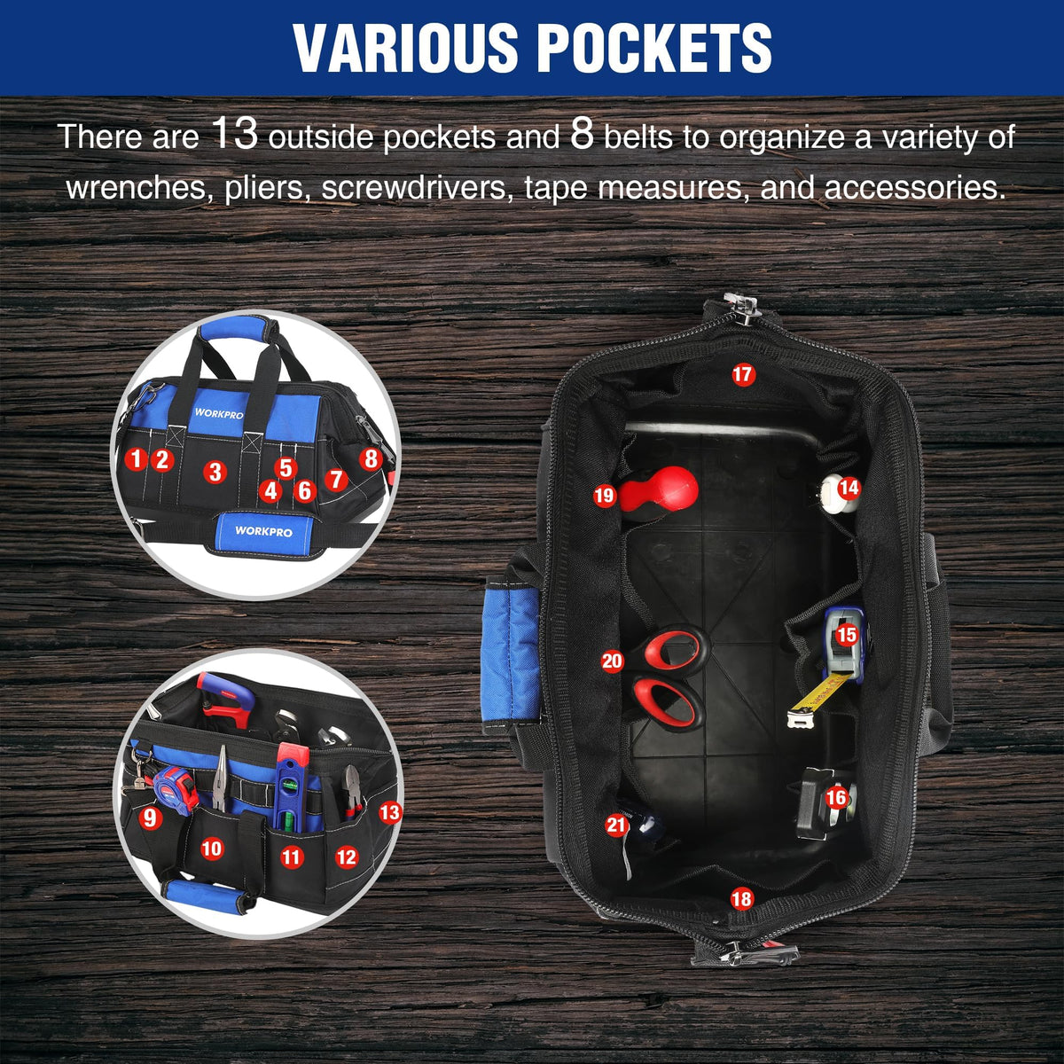 WORKPRO 16-inch Wide Mouth Tool Bag with Water-Proof Molded Base