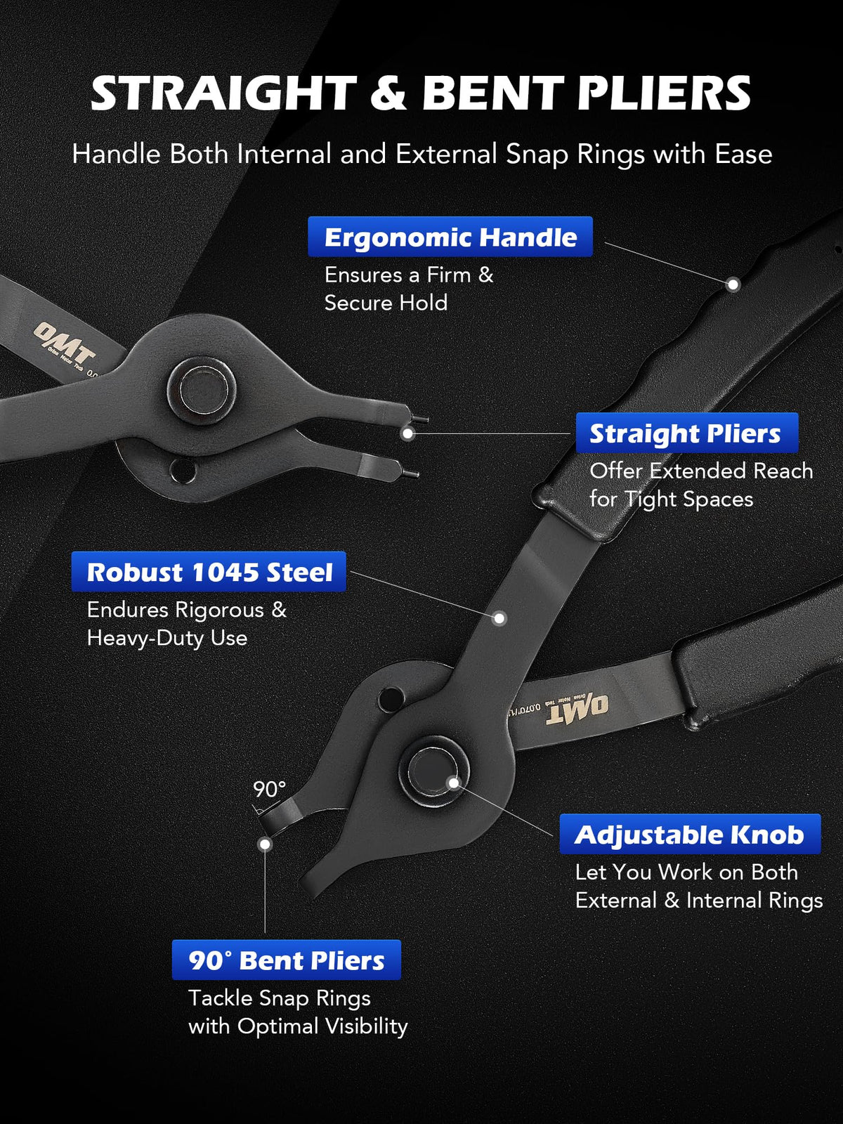 OMT Snap Ring Pliers, 10Pc Internal External Circlip Set With Hook And Pick