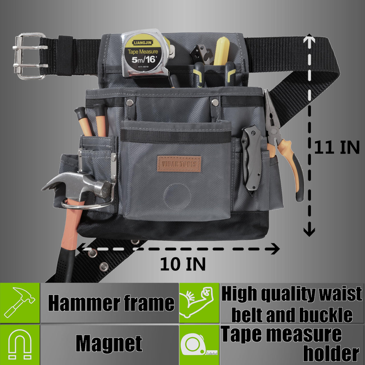 VIDAR TOOLS Small Tool Belt Pouches,Tool Belts for men,magnetic tool belt,11-Pockets,Electrician Construction,Carpentry.Heavy Duty nylon belt with metal buckle.1680D Oxford.