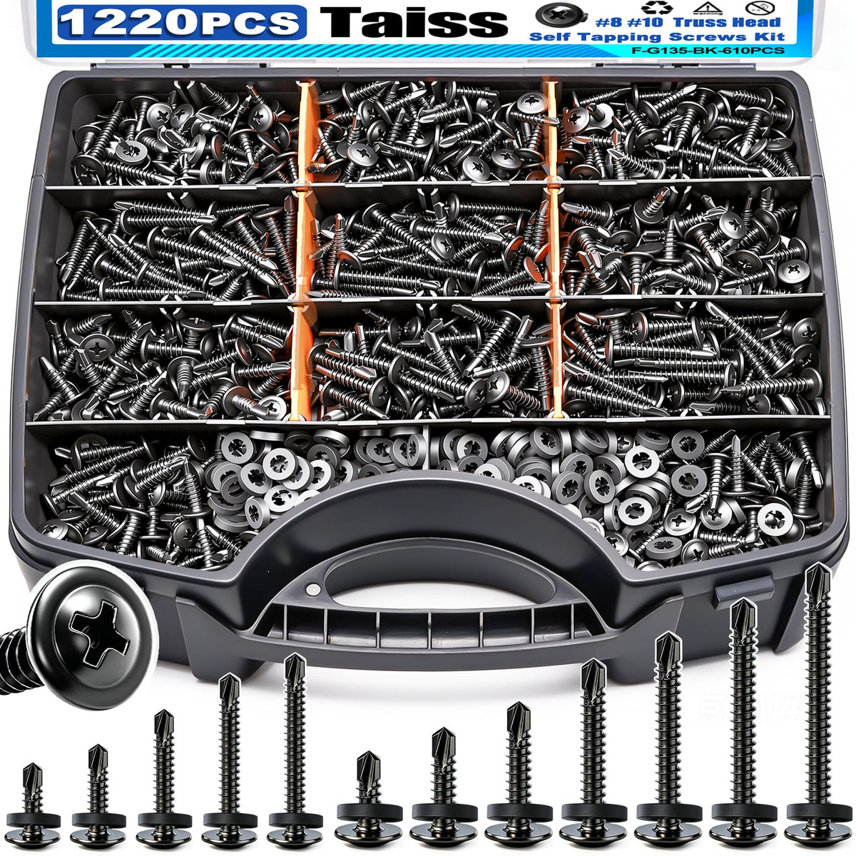 Taiss 1220PCS Self Tapping Screws for Metal,#8#10,410 Stainless Steel Self Drilling Screws (Length 1/2'' to 1-1/2''),Black Truss Head Sheet Metal Screw Assortment Kit with Rubber Washer