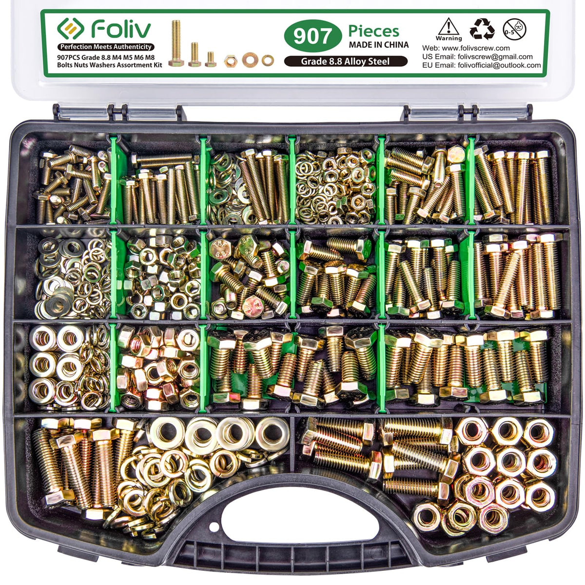 FOLIV 907pcs Grade 8.8 Metric Bolt Assortment