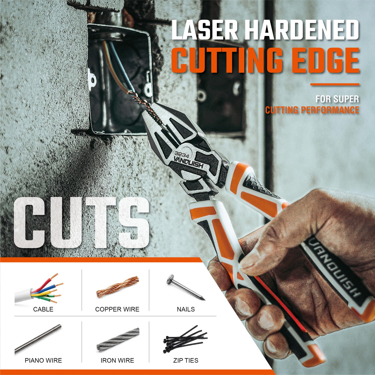 VANQUISH 9.5-Inch Linesman Pliers, Laser Hardened Cutting Edges