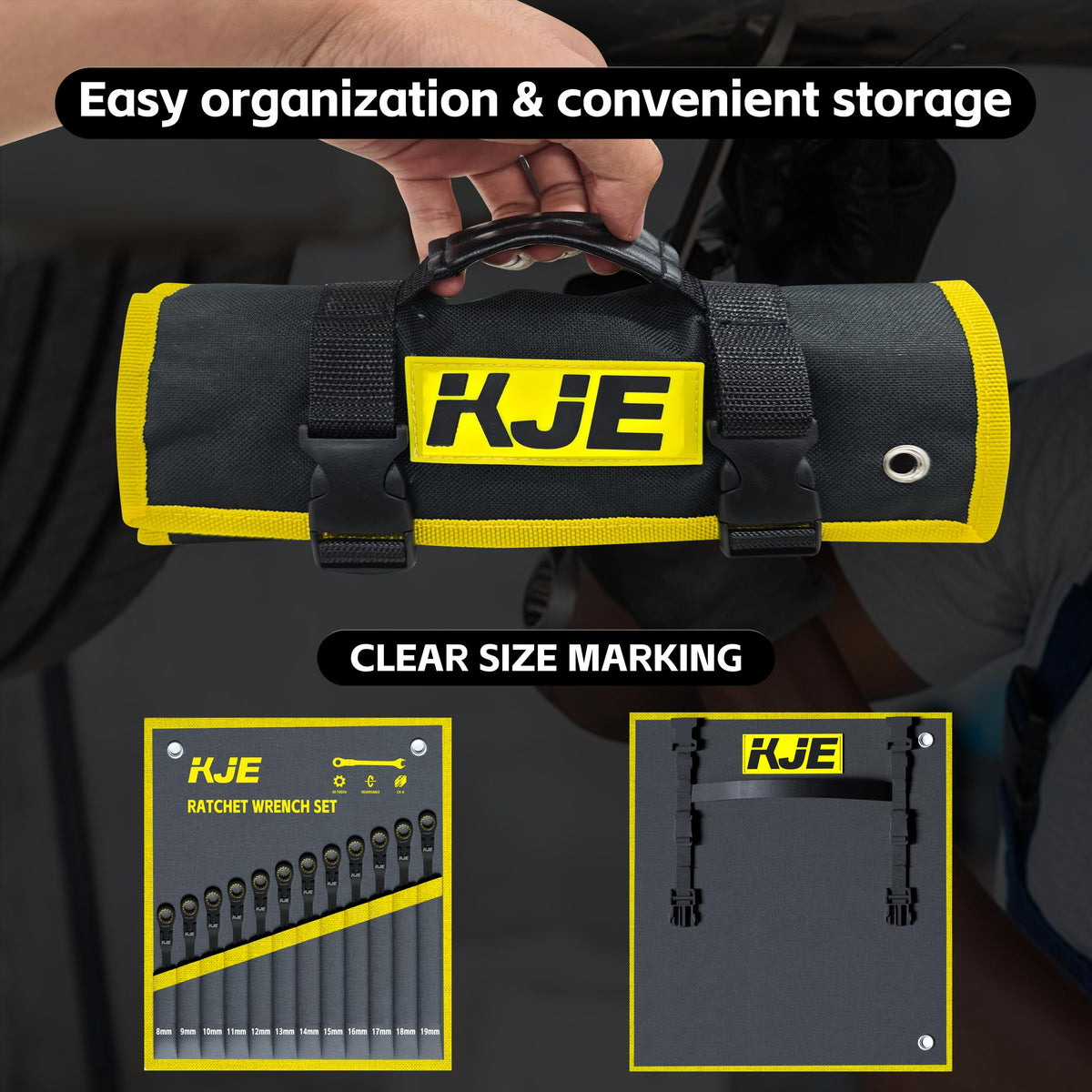 KJE 90-Teeth Metric 180° Flex-Head Ratcheting Wrench Set, Cr-V Steel, 12-Piece Metric 8-19mm Combination Wrenches set, Nickel Plating, with Organizer Bag, for Auto, Machine Repair, Gift