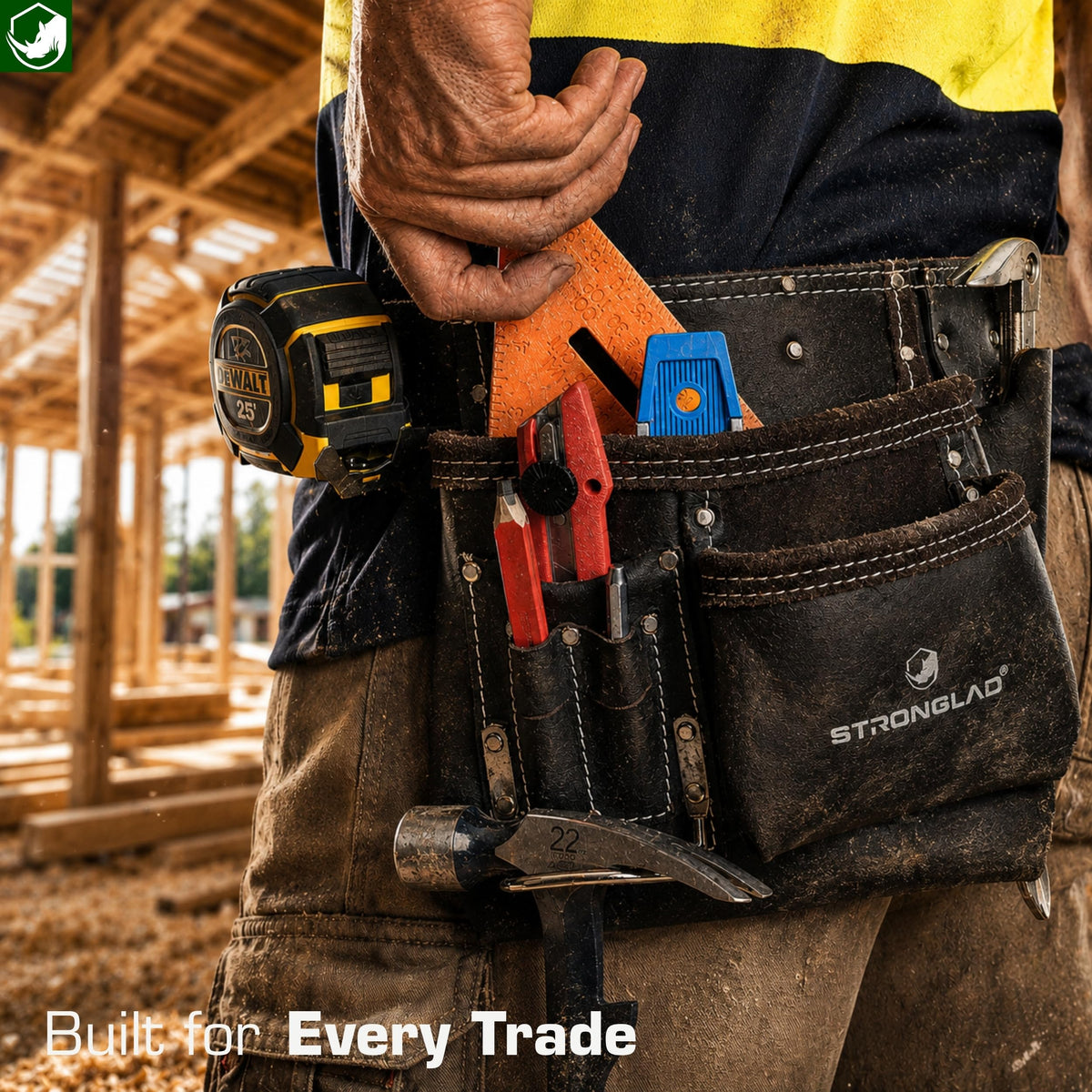 STRONGLAD Leather Tool Belt - 6-Pocket Oil-Tanned Utility Pouch, 29-46 in Adjustable Waist, Heavy-Duty Carpenter Drywaller Electrician Work Belt