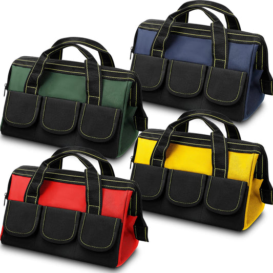 4 Pieces Tool Bag with Waterproof Strong Molded Base Multi Pockets Wide Mouth Tool Tote Multifunctional Tool Bag Large Capacity Organizer Heavy Duty Tool Storage Bag (Multicolor,16 Inch)
