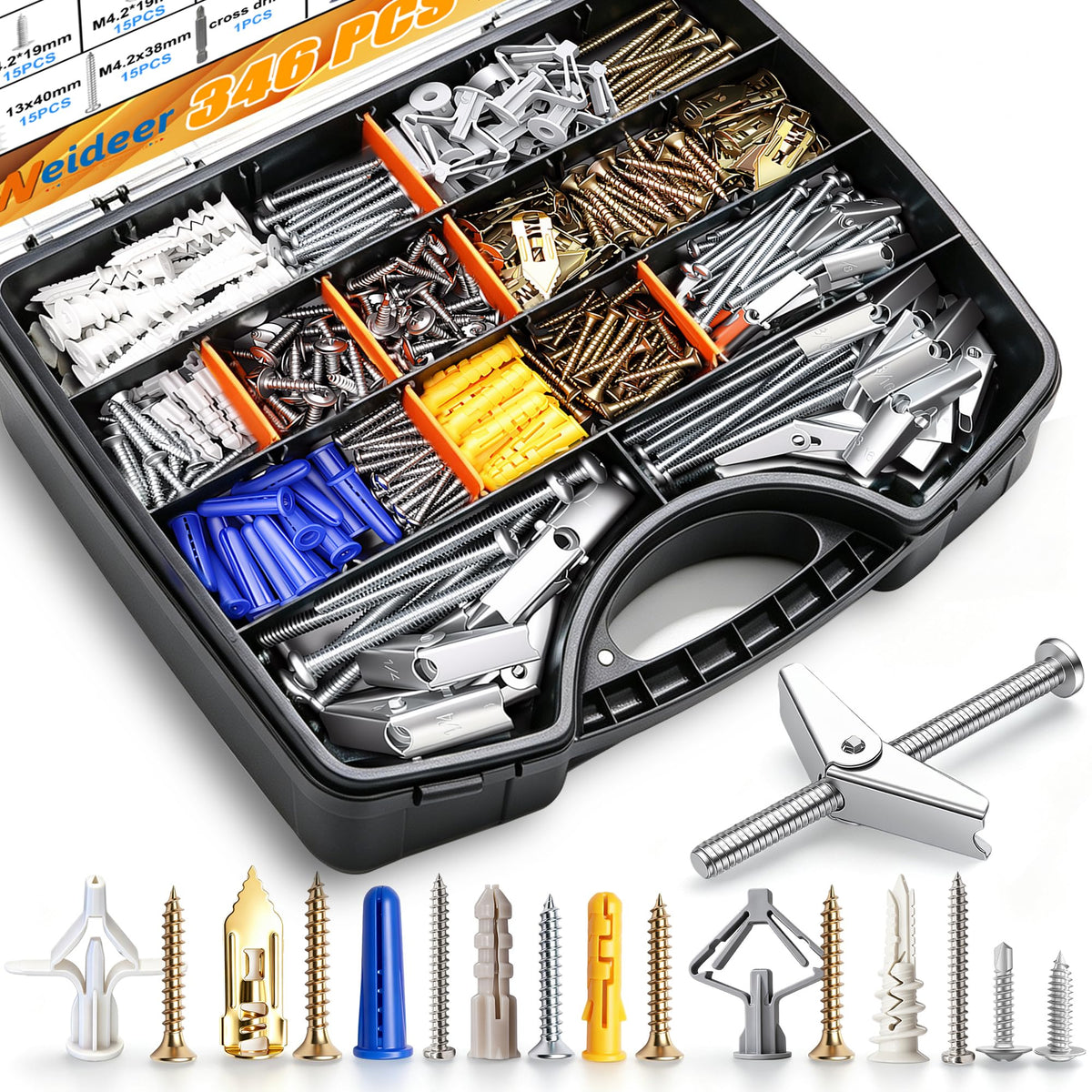 weideer 346PCS 11Sizes Drywall Anchors and Screws Assortment Kit,Toggle Bolts and Wing Nut Kit,Plastic Dry Wall Anchors with Wood Screws Handheld Box (1/4" 3/16" 1/8" #6#7#8 M8 M12 M13)