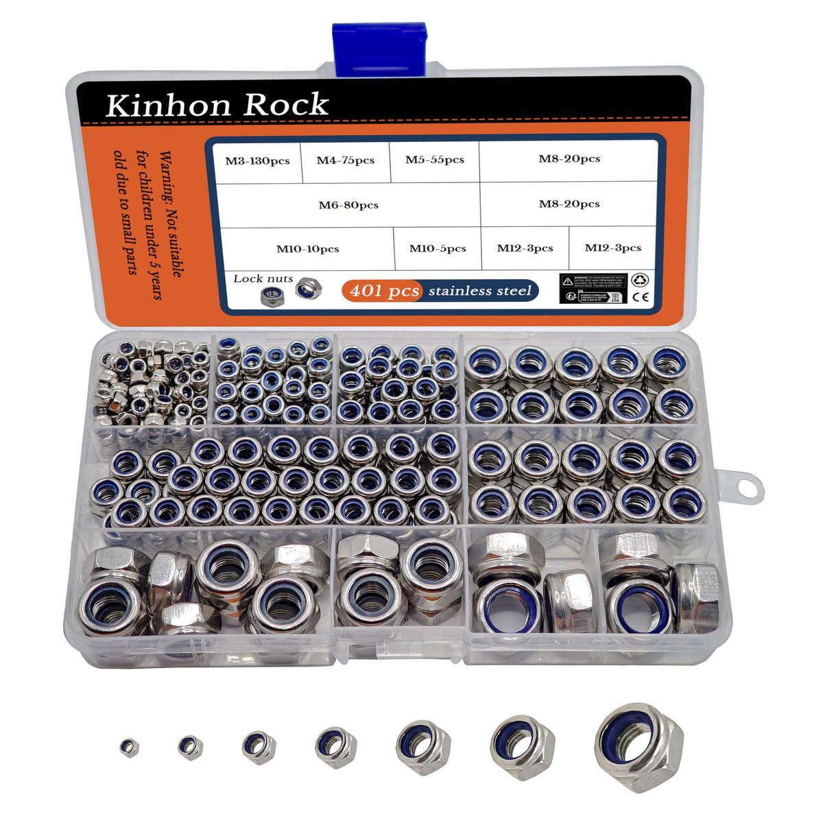 Kinhon Rock 401pcs Metric Nylon Insert Lock Nuts Assortment Set DIN 985 304 Stainless Steel Nylon Locknuts Hex Locknuts Kit with Box M3 to M12 Reusable Anti-Loose Corrosion-Resistant for RC Car DIY